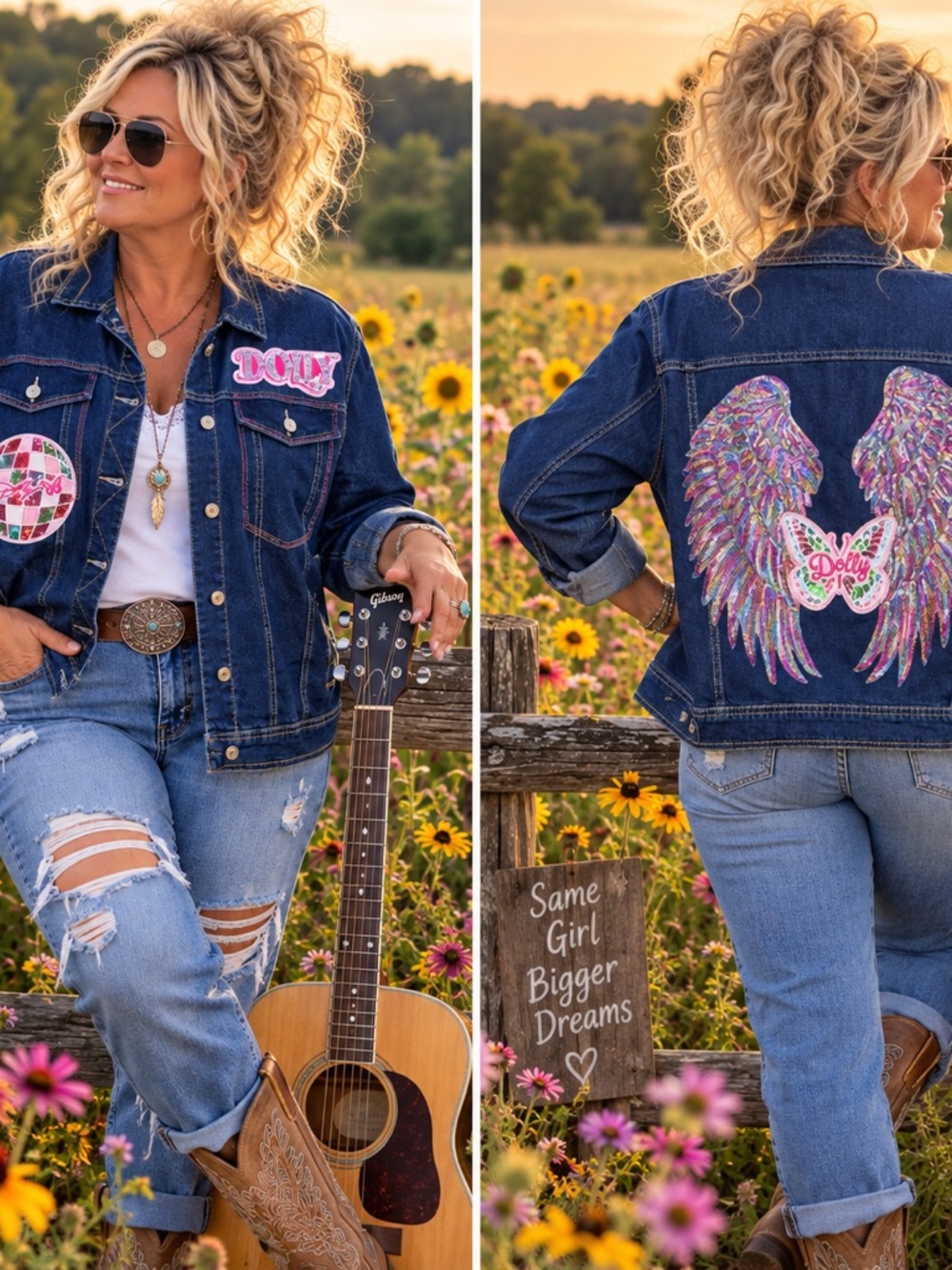 UpCycled Handmade Dolly Parton Denim Jacket with Pink Sequin Multicolor Wings